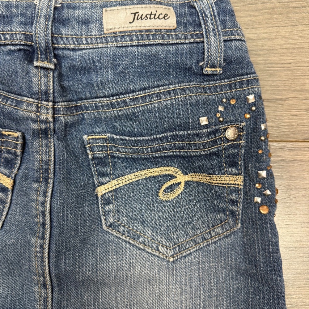 Y2K Justice Denim Mini Skirt Girls 7S Rhinestone Studded Bling Frayed Hem - Picture 12 of 14